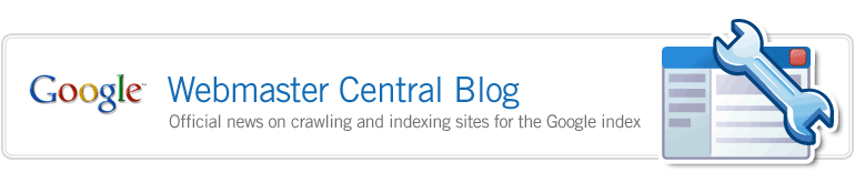Logo du blog Google Webmaster Central avec un outil et un texte sur l'indexation des sites.