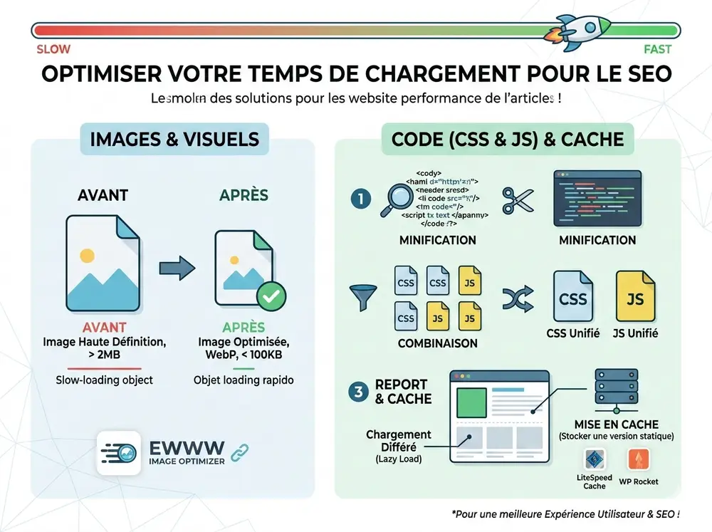 Infographie Gemini montrant l’optimisation du temps de chargement pour le SEO avec sections Images & Visuels et Code CSS & JS, visualisation minimalisation et combination