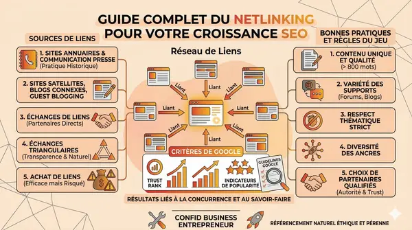 Infographie NetLinking détaillant les sources de liens et les critères Google, proposée par 123boost Agence Web, avec des éléments orange et beige et une organisation en réseau