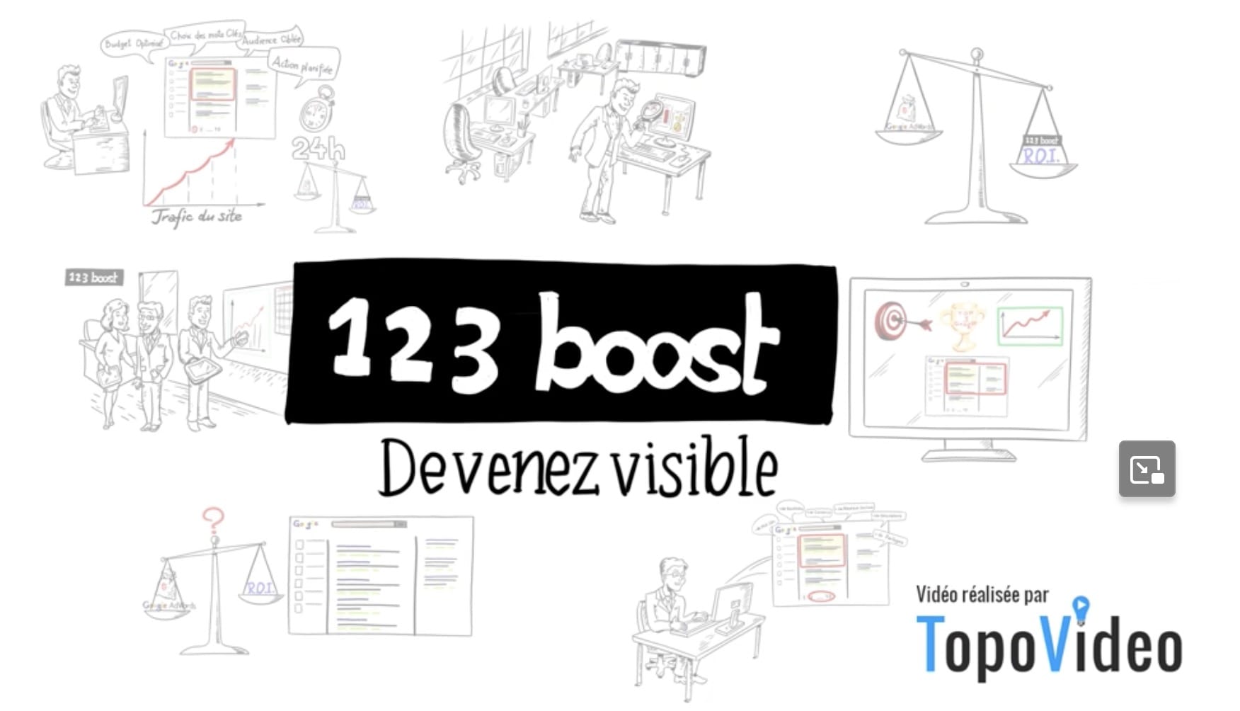 Illustration représentant le logo de 123 boost avec des éléments graphiques liés au marketing digital et à la visibilité en ligne.