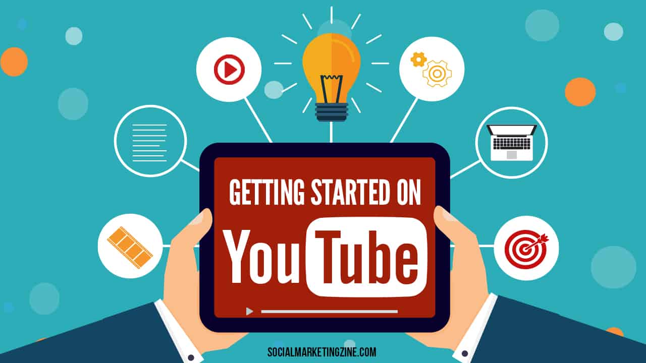 Illustration d'un guide pour débuter sur YouTube avec une tablette et des icônes connexes.