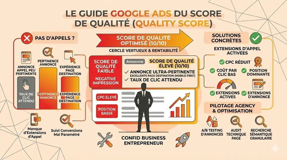 Infographie Gemini orange illustrant le guide Google Ads et le Quality Score, avec diagrammes et icônes liées à l’optimisation des performances et au CPC