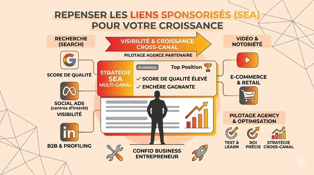 Gemini, image générée, illustration vectorielle montrant un graphique de croissance et des éléments marketing sur un fond pêche clair, style infographic abstrait