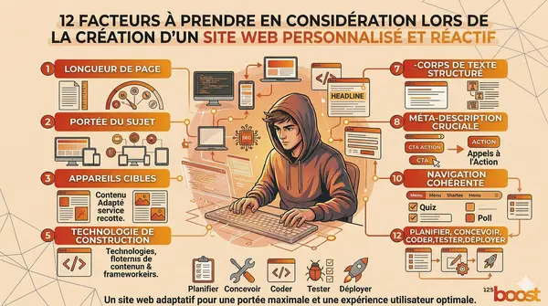 Infographie orange montrant un développeur en hoodie travaillant sur un ordinateur, représentant les 12 facteurs d’un site Web personnalisé et réactif par 123boost