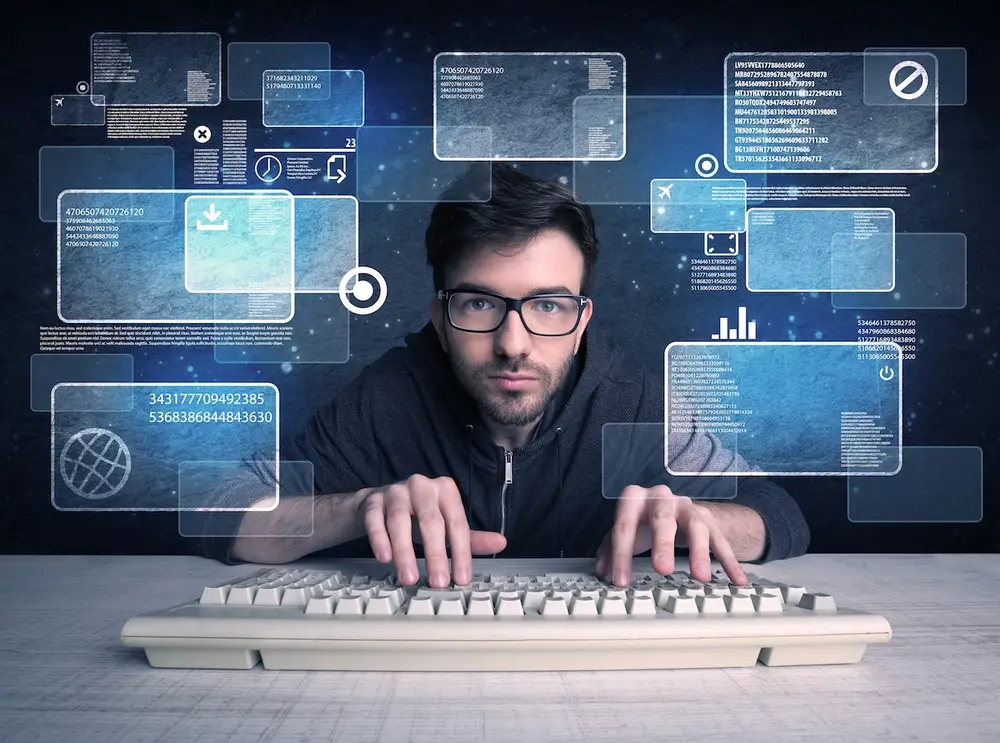 Un jeune hacker concentré tapant sur un clavier avec des graphiques numériques flottants autour de lui.