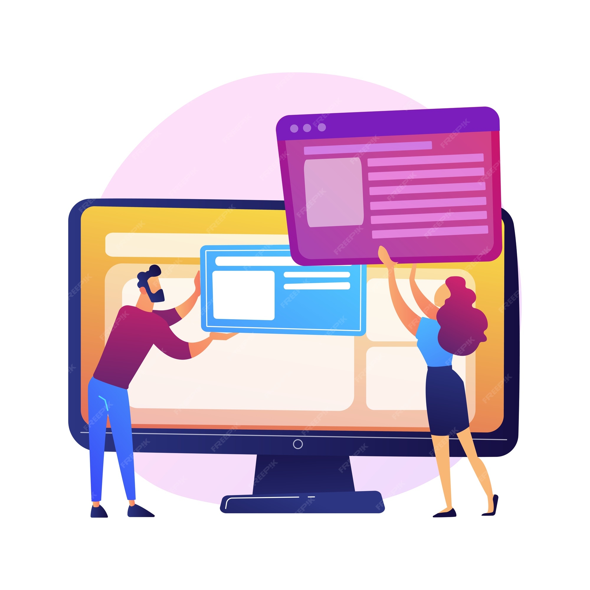 Personnes travaillant sur le développement d'interface utilisateur et de contenu sur un ordinateur.