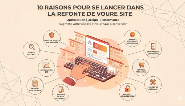 Illustration beige présentant un ordinateur portable et des éléments graphiques liés à la refonte de site web, associant le nom 123boost à des concepts de design et de performance