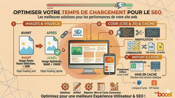 Infographie orange montrant les performances web et l'optimisation du temps de chargement, avec Google et OVH et une référence à Matt Cutts.