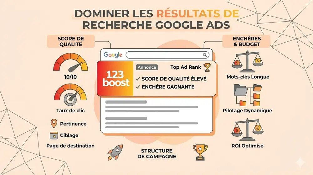 Gemini, illustration orange représentant un diagramme marketing Google Ads avec éléments graphiques et icônes