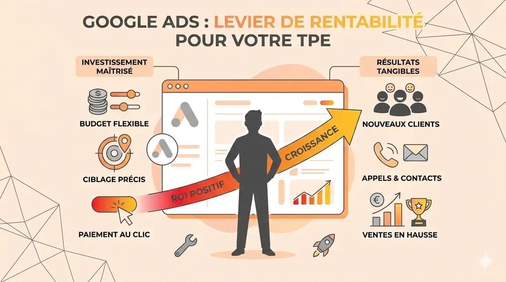 Gemini Generated Image – infographie marketing orange sur fond pêche Gemini Generated Image: infographie marketing sur fond pêche et orange avec silhouette devant un écran et graphiques, évoquant Google Ads et rentabilité TPE