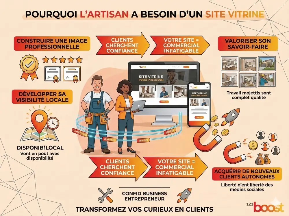 Illustration générée par Gemini représentant deux personnes à côté d’un écran d’ordinateur affichant un site vitrine, avec des tons orange et beige.