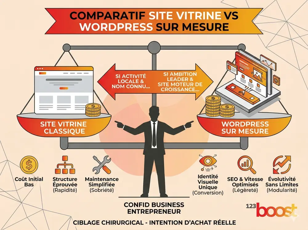 Infographie Gemini montrant un homme d'affaires en silhouette debout entre deux balances, comparant Site Vitrine Classique et WordPress sur Mesure, avec des tons orange et jaune