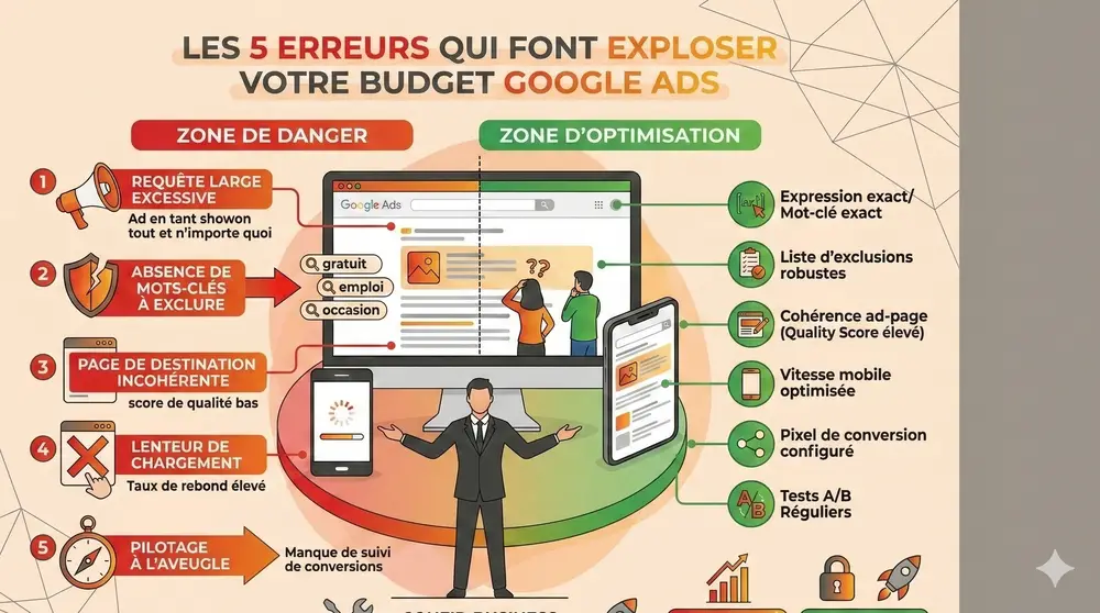 Gemini Infographie: 5 Erreurs Google Ads et zones d’optimisation Infographie Gemini présentant les 5 erreurs qui font exploser le budget Google Ads et les zones d'optimisation, avec icônes et graphiques illustratifs
