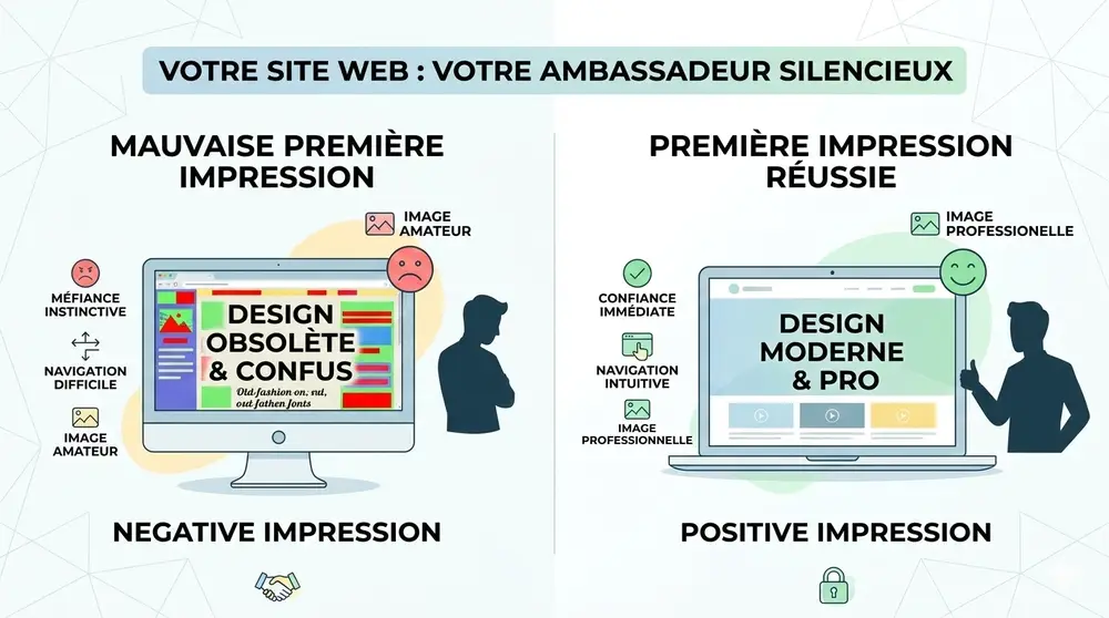 Gemini – infographie sur les premières impressions de design web et leur impact visuel Gemini_Generated_Image montre une infographie web avec deux colonnes, textes et silhouettes, illustrant les premières impressions négative et positive du design, dans des tons bleu clair et multicolores.