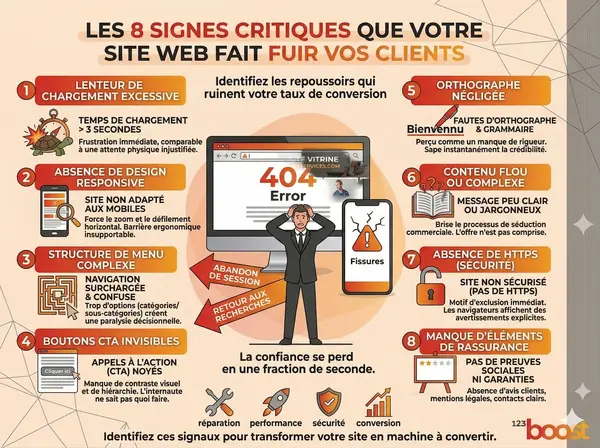 Gemini Generated Image montre des éléments visuels en tons orange et gris représentant des signaux critiques sur un site web, avec le logo 123boost et des icônes d'erreurs