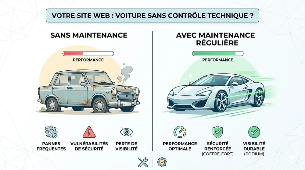 Gemini: illustration comparative avec une voiture ancienne rouillée et une voiture sportive moderne, représentant deux états de performance et maintenance