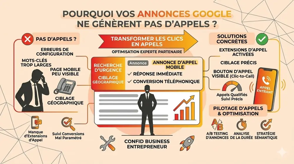 Gemini infographie beige clair et orange présentant des solutions d appels, ciblage géographique et optimisation des appels pour entreprises, sur fond clair