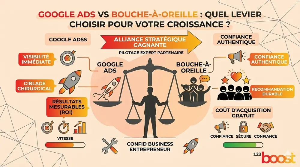 Gemini Generated Image, infographie orange expliquant les enjeux entre Google Ads et le bouche-à-oreille, adaptée au contenu de l'agence Web 123boost