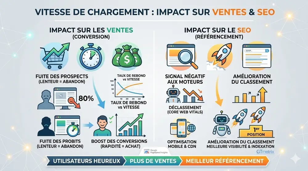 Gemini infographie multicolore illustrant l'impact de la vitesse de chargement sur les ventes et le référencement (SEO), avec des icônes et graphiques