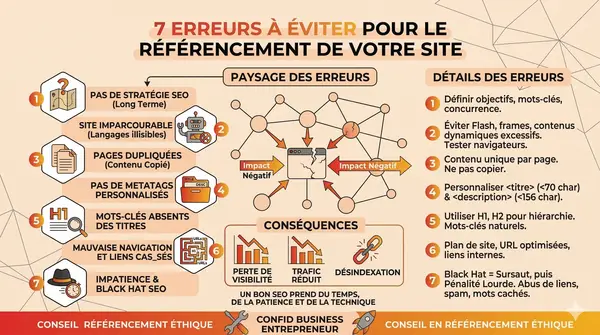 Infographie beige et orange détaillant les 7 erreurs à éviter pour le référencement d'un site, référence à Google et à l'agence 123boost