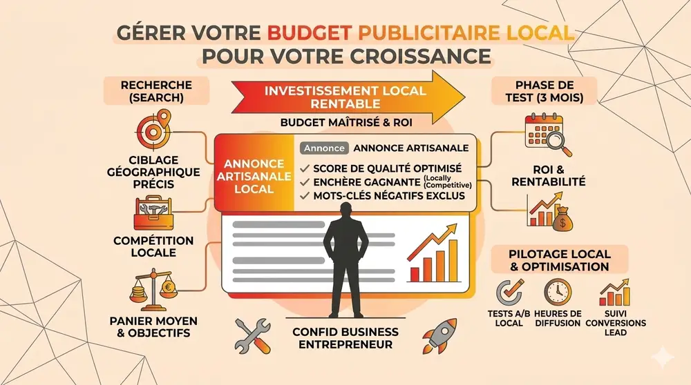 Gemini: illustration infographique beige montrant les étapes de la gestion du budget publicitaire local, ciblage, compétitions locales et optimisation, avec graphiques et icônes