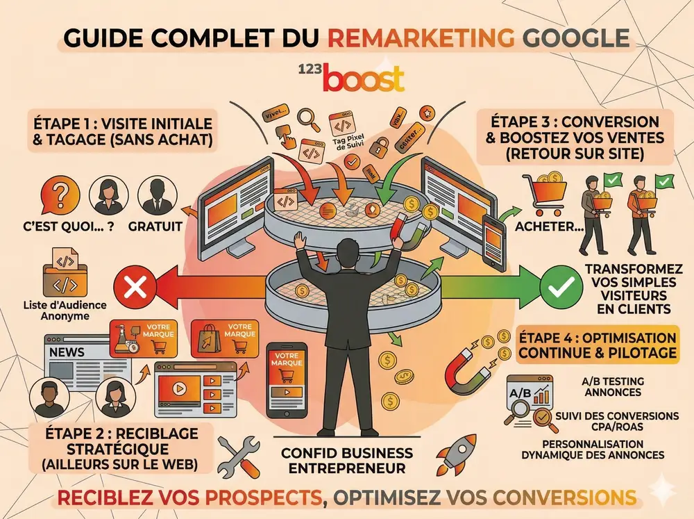 Gemini illustration générée: infographie colorée sur le remarketing Google et le parcours d’entrepreneur Illustration infographique colorée générée nommée Gemini montrant un entrepreneur au centre entouré d’écrans, flèches et icônes de conversion dans un style vectoriel